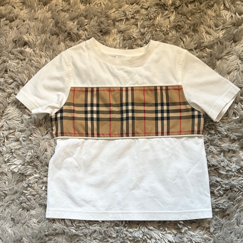 Burberry White Tee with Tan Plaid Accent